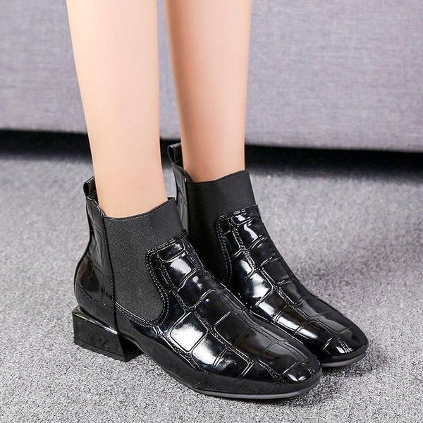 

boots winter style square toe thick heel patent leather ankle british fashion women shoes 2021, Black