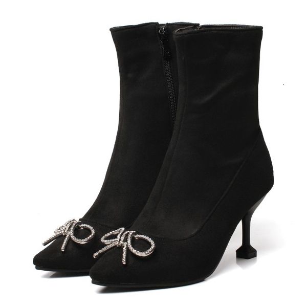 

boots yifsion women winter ankle high-heeled butterfly-knot shoes pointed toes of the black foot ladies women's office plus me size 4-1