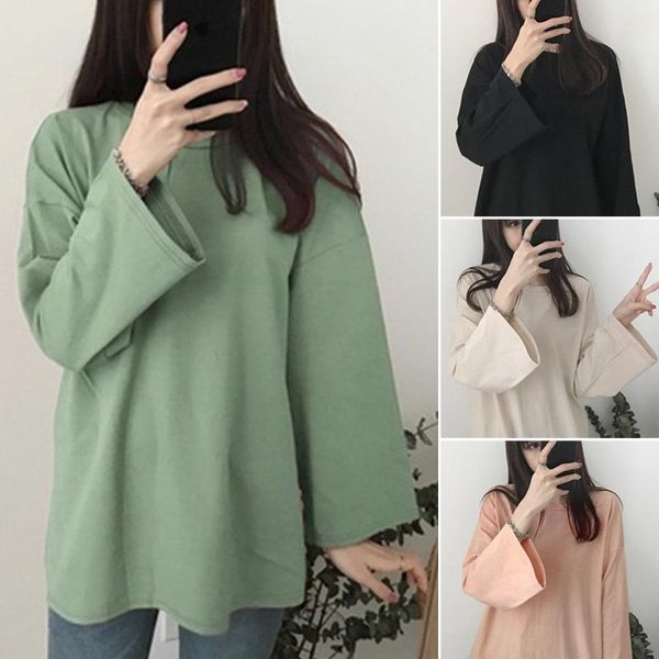 

women's t-shirt women lady long sleeve round collar solid color basic for autumn tc21, White