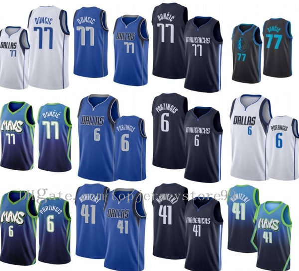 Toptan Mens 77 Doncic Kristaps 6 Porzingis Basketbol Jersey Erkek Dirk 41 Nowitzki Şehir Bule Beyaz Gömlek 100% Dikişli Boyut S-2XL