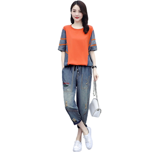 

casual professional denim suit ladies 2021 summer fashion plus size -4xl loose sports two-piece a478 women's two piece pants, White