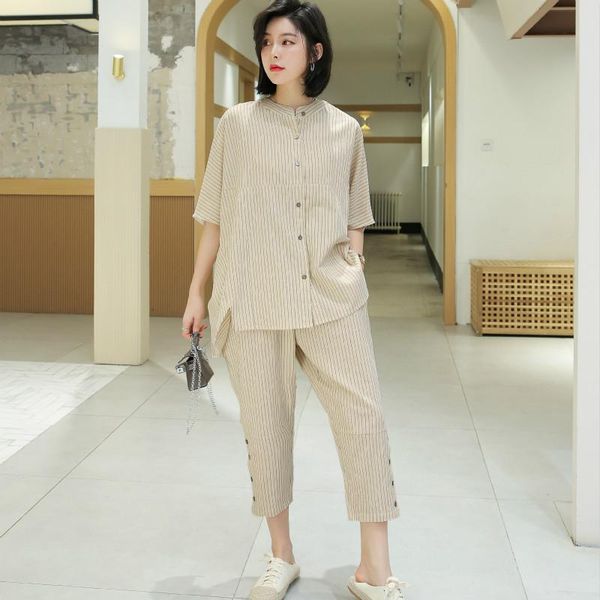 

two piece dress summer 2021 casual loose pinstripe cotton and linen middle sleeve capris suit for women, White