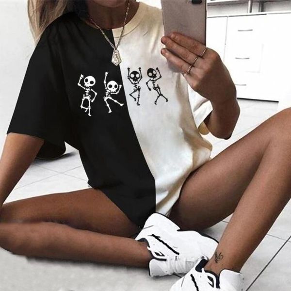 

women's t-shirt summer black and white contrasting color personality printing loose casual ladies large size short