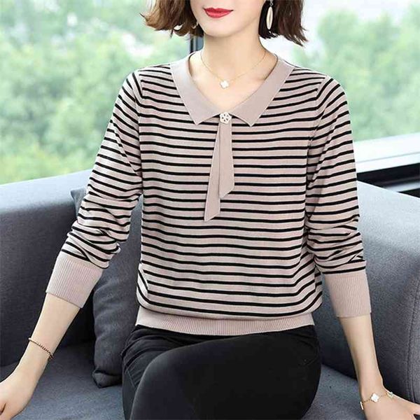 

plus size 5xl shirt collar stripe knitted pullovers women soft stretch loose knitwear casual spring sweaters jumper female 210805, White;black