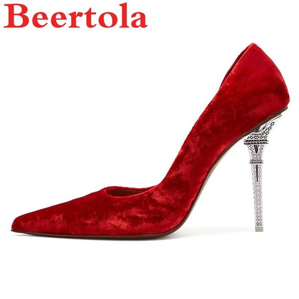 

dress shoes autumn velvet women pumps strange tower heels ladies banquet pointed toe shallow high slip on chaussures femme, Black