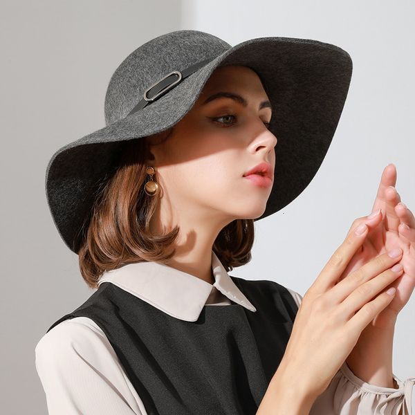 

hats capssmart temperament lady big eaves belt buckle wave edge thin face, Blue;gray