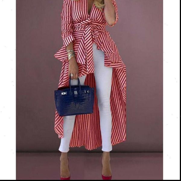 

womens shirt fashion striped long tail shirts sleeve v neck bowknow lace up ladies ol work button, White
