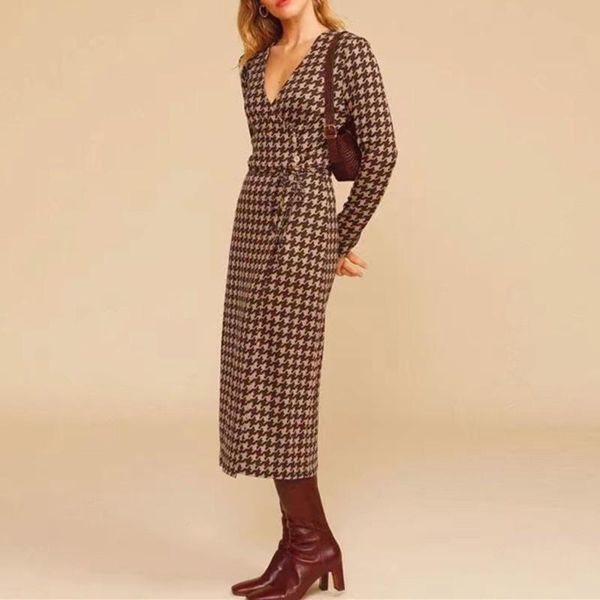 

casual dresses women wrapped knit midi dress houndstooth print v-neck side buttons lace-up long sleeve elegant female robe early autumn 2021, Black;gray