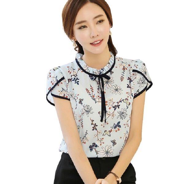 

summer print chiffon blouse women ruffled bow neck shirt petal ladies chiffon floral blouses blusas femininas plus size 3xl 210416, White