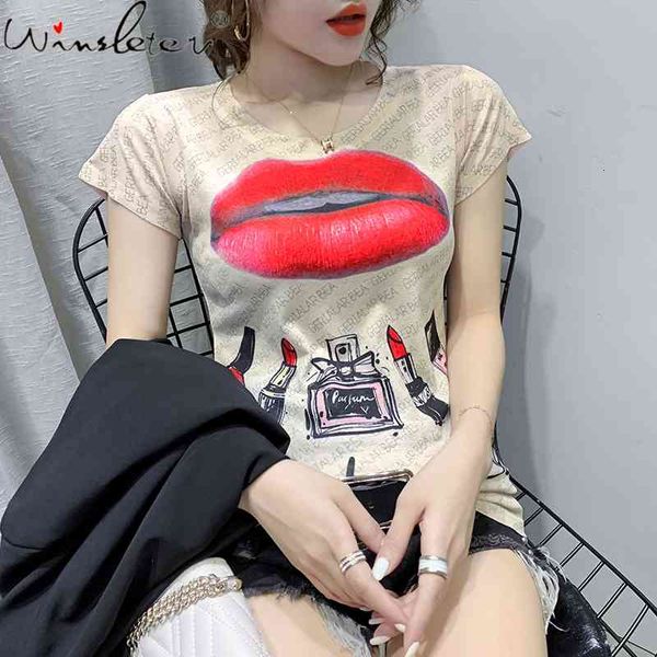 

women's t-shirt summer european clothes print makeup lipstick girl fashion women short sleeve casual tees all match t14201a d, White