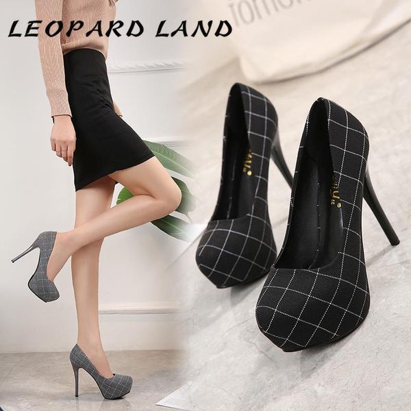 

dress shoes leopard land 2021 spring fashion plaid ultra-high heel women's fine waterproof round singles zsh, Black