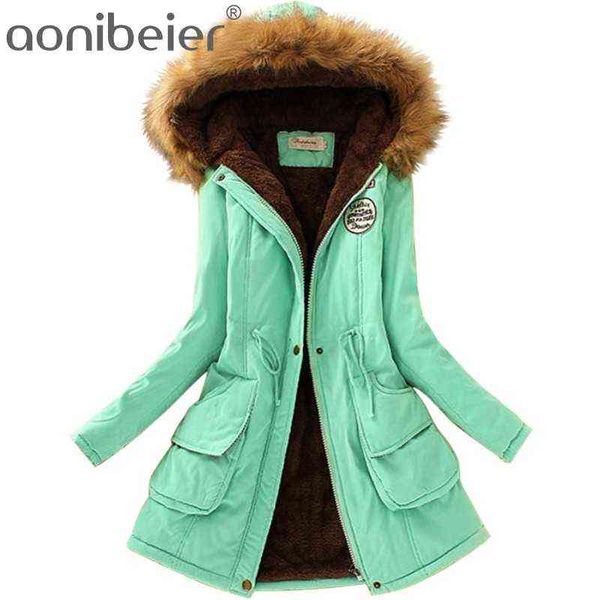 

aonibeier parka women coats fashion autumn warm winter jackets lady fur collar long plus size hoodies cotton outwear 211130, Black