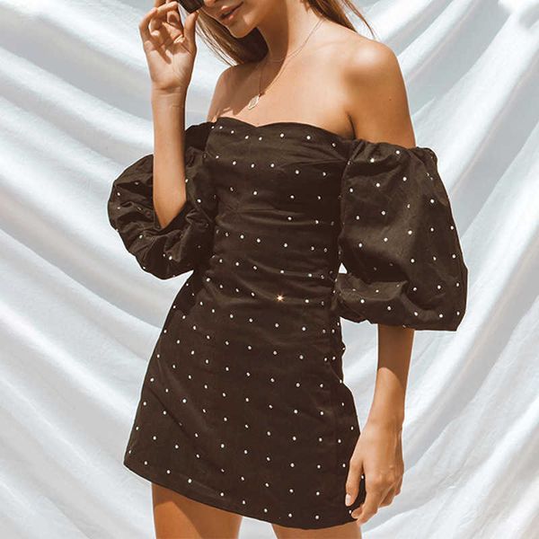 

luxury evening dress 2021 summer fashion off shoulder black diamond studded bubble sleeve waist super fairy temperament thin, Black;gray