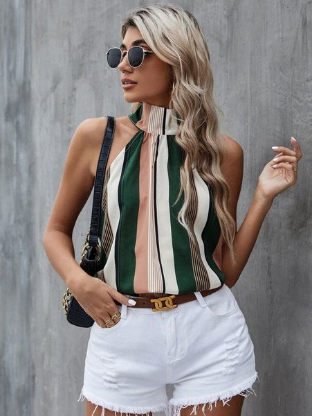 

high waist colorblock halter e0q1#, White