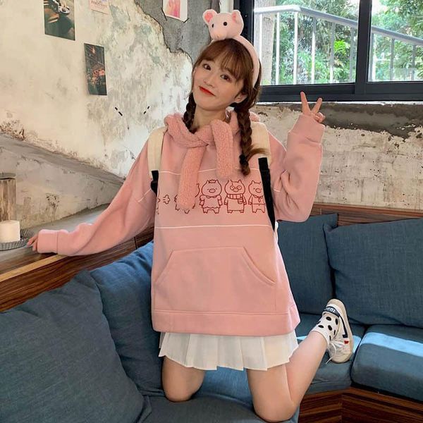 

women's hoodies & sweatshirts women plus velvet thick loose korean style sweatshirt 2021 autumn winter ears 100kg fat sister print, Black