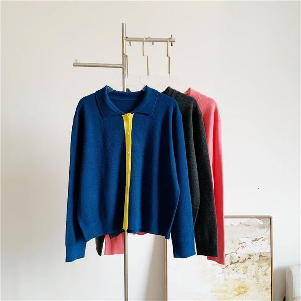 

women's jackets autumn winter lapel women short long-sleeved sweater cardigan color matching sweet coat casual pink blue clothes li8a, Black;brown