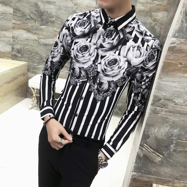 

men's casual shirts men shirt fashion 2021 spring autumn luxury flower print dress long sleeve slim fit stripe, White;black