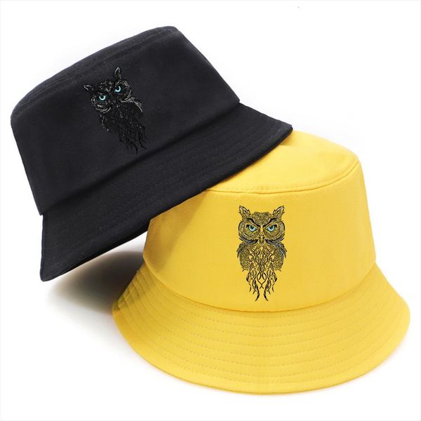 

korean style owl print panama bucket hats woman fashion outdoor fishermans caps mens summer casual streetwear black, Blue;gray