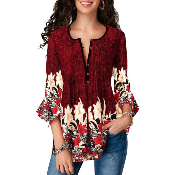

women's blouses & shirts 2021 summer print blouse women clothes o-neck 3/4 sleeve streetwear ladies casual loose plus size, White
