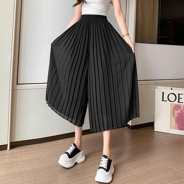 

women's pants & capris 2021 summer autumn pleated loose fashion chiffon stretch waist skirt trousers black blue wide leg, Black;white