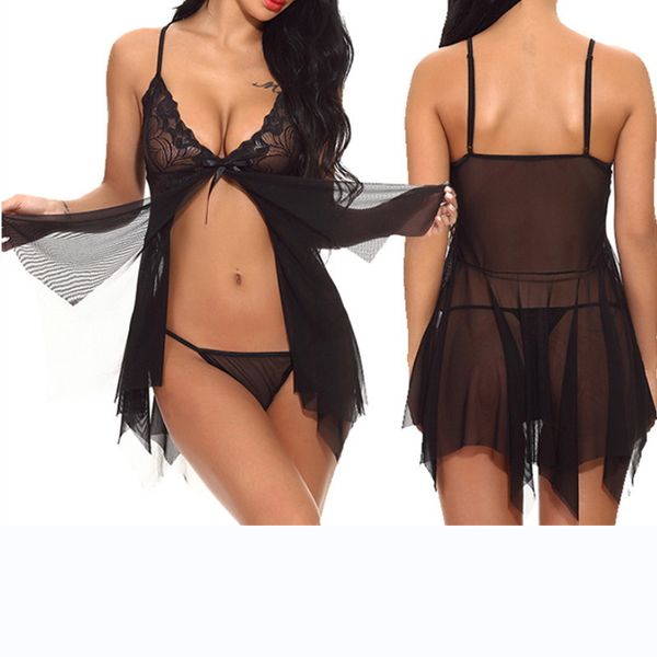 

2 pcs european and american lingerie two-piece sling lace perspective sling pajamas, Red;black