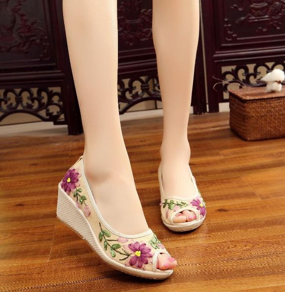 

sandals fashion women summer shoes embroidered cloth ladies girl wedge heels bond peep toe sapatos femininos, Black