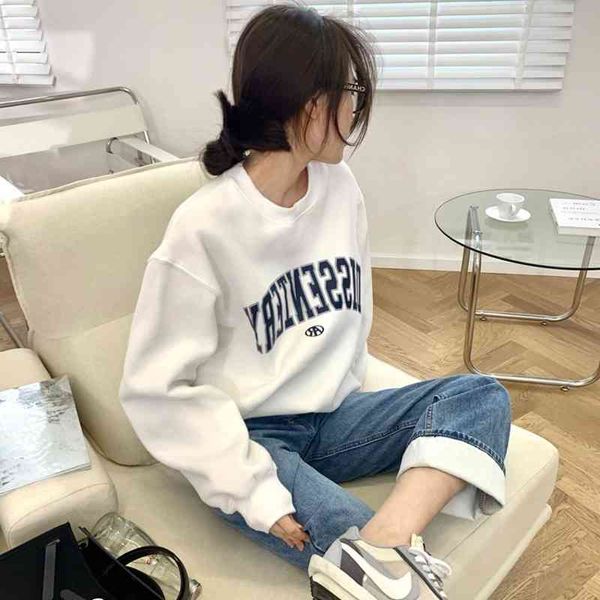 

cotton sweater early autumn 2021 new thin korean round neck letter printing women's casual loose top, Black