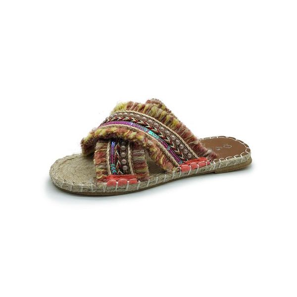 

slippers fashion summer bohemia linen vintage women 2021 beading flat slides straw woven female fisherman shoes, Black