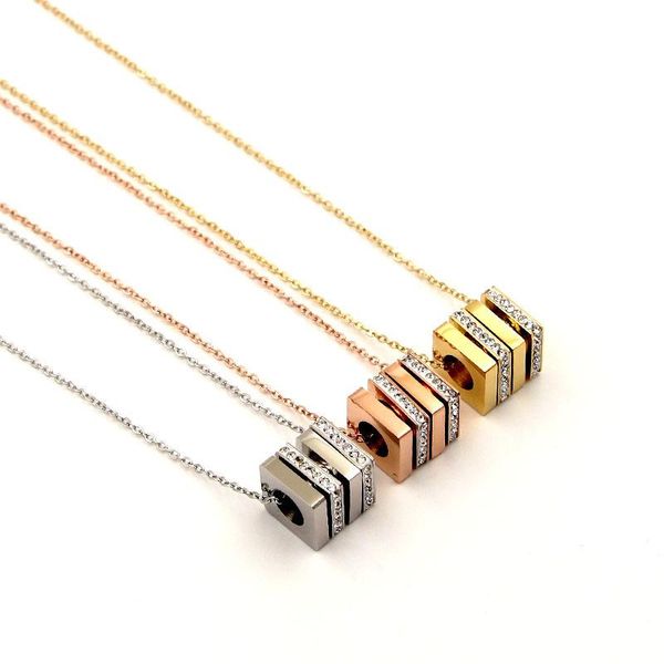 

pendant necklaces fashion stainless steel love square cylinder crystal rotate rose gold color women wedding party gift, Silver
