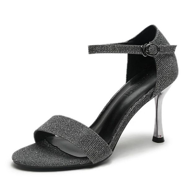 

dress shoes women's stiletto high heels small sequined buckle sandals, Black