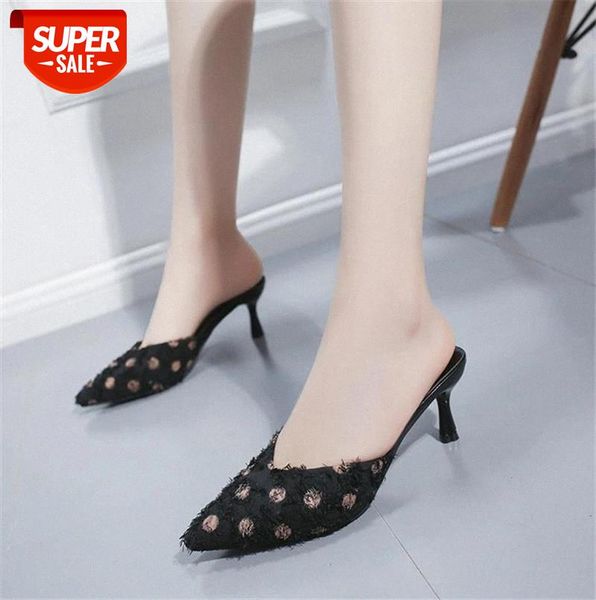 

Flock White High heels slippers women 2019 Autumn Summer shoes Fashion Pointed Hollow Mules Slides Thin Heel Party #P45W, Black
