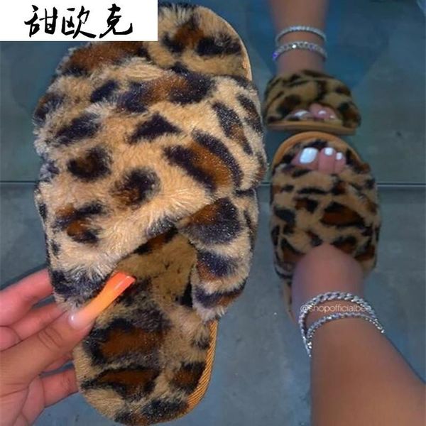 

women slippers leopard fur slides winter house 2021 fashion warm indoor shoes ladies soft cross, Black
