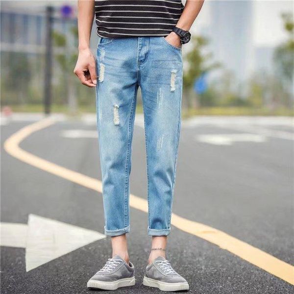 

men's jeans men spring and autumn elastic band slim-fit with small feet ripped for, Blue