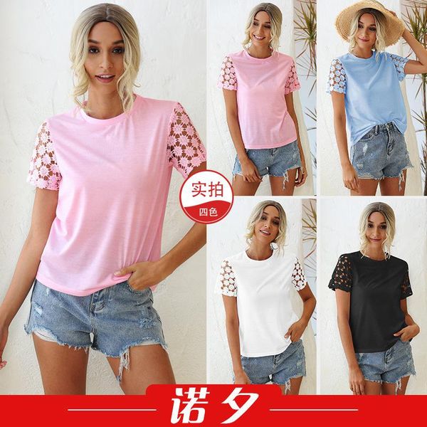 

summer cross border fashion european and american women's round neck crochet hollow sleeve solid color t-shirt 1657fashion, White