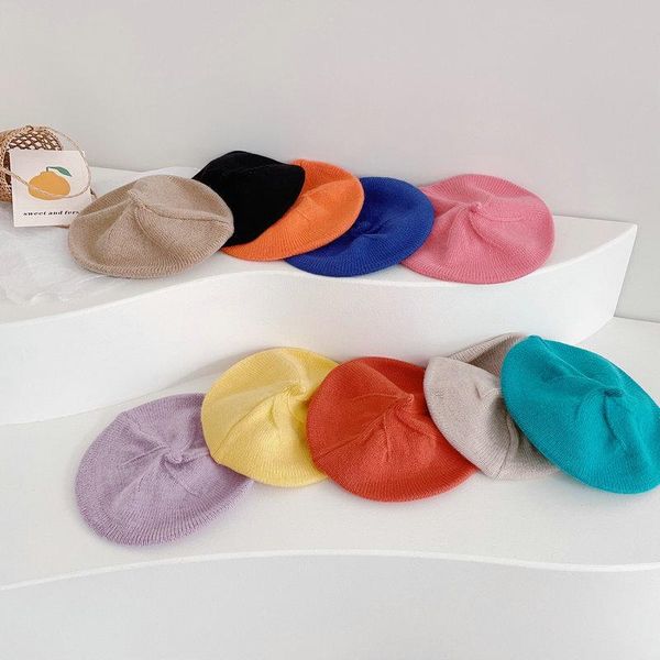 

caps & hats 2021 children autumn winter kids beret hat girls corduroy elegant berets knitted cap cute pure bright color baby warm woolen, Yellow