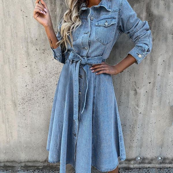 

casual dresses women's 2021 autumn fashion lace-up dress pockets long sleeve turn-down collar slim denim midi, Black;gray