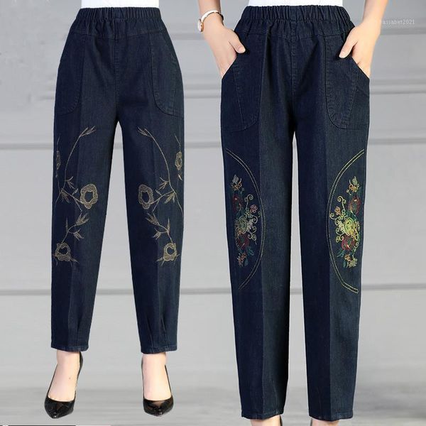 

women's pants & capris elderly jeans spring autumn embroidery elastic high waist mother denim loose large size grandma trousers w2005, Black;white