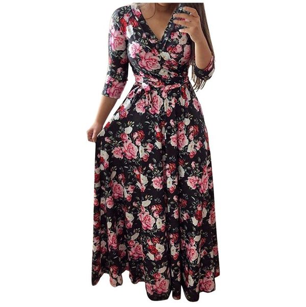 

flower print dress women v neck pull half sleeve sundress slim big swing bohemian retro robe plus size maxi dresses #lr3 casual, Black;gray