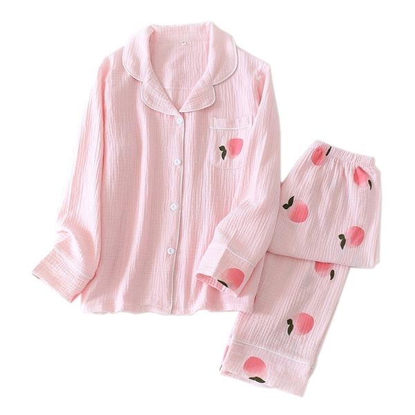 Taze Şeftali Tatlı Pijama Kadın Pijama Setleri Bahar Japon 100% Pamuk Uzun Kollu Gecelikler Kadın Pijama Homewear 210330