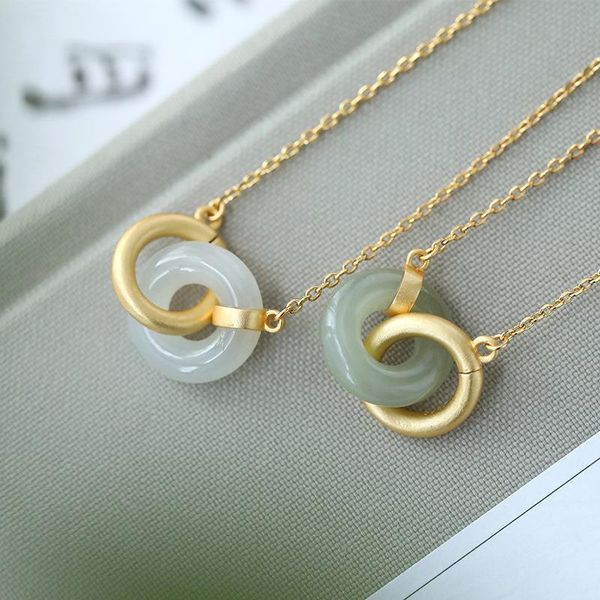 

chains original design natural hetian white jade double round interlocking necklace pendant simple charm chinese lady jewelry, Silver