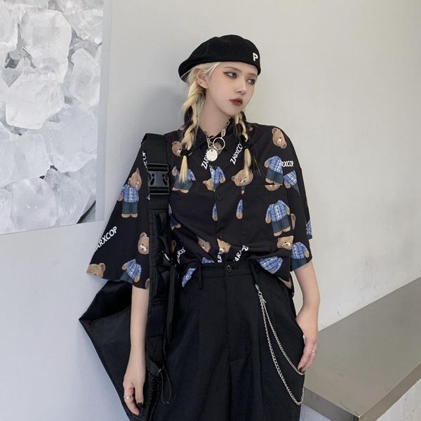 

women's blouses & shirts summer european and american high street thin ladies harajuku cartoon bear print personality men's wild s, White