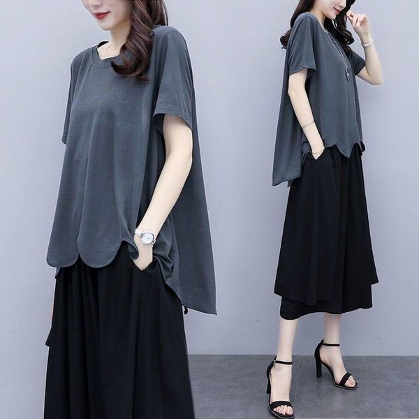 

women's tracksuits loose plus size clothing suit 2021 summer fashion korean style wide leg pants shorts and two piece set for women, Gray