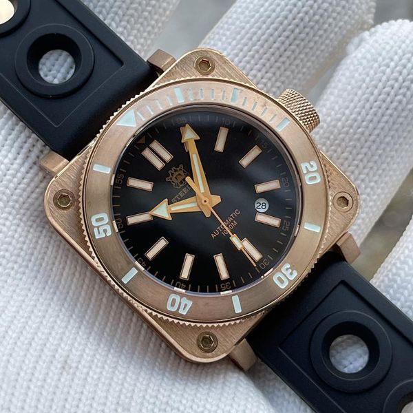 

wristwatches steeldive sd1941s square solid bronze watch men nh35 automatic diving mechanical super luminous 1000m diver watches, Slivery;brown