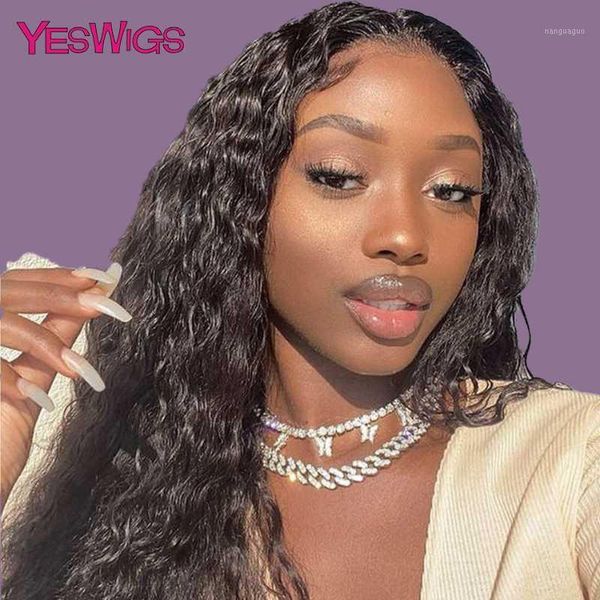 

yeswigs brazilian water wave remy lace front human hair wigs pre plucked natural hairline curly closure wig for black woman1, Black;brown