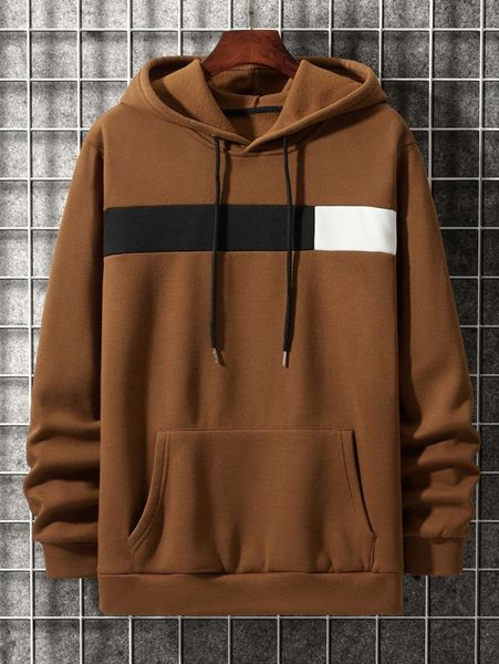 

men colorblock kangaroo pocket drawstring hoodie p2w9#, Black