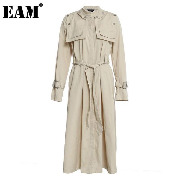 

[eam] women khaki stitch long trench stand collar sleeve loose fit windbreaker fashion tide spring autumn 2021 1dc029 women's coats, Tan;black