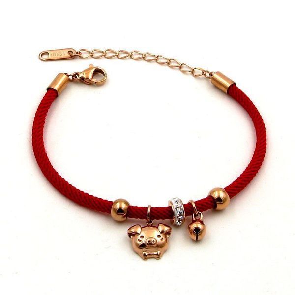 

h14-213 temperament red rope rose gold pig with diamond bracelet, Silver