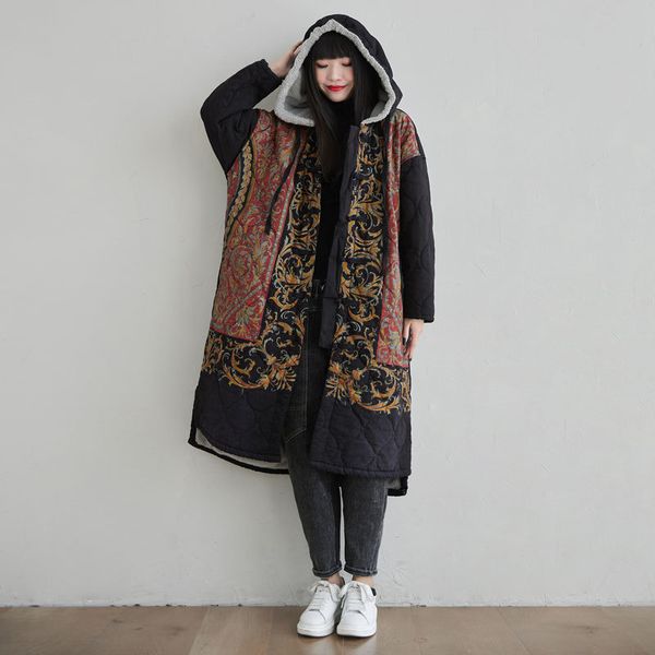 

johnature women vintage thick hooded parkas button print floral coats winter fleece female clothes casual parkas coats 210521, Black