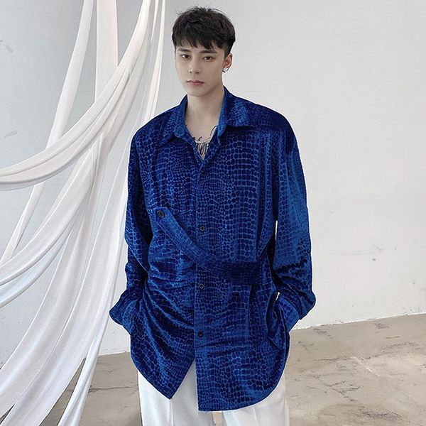 

men crocodile pattern retro velvet loose casual long sleeve shirt male streetwear vintage fashion stage clothing men's shirts, White;black