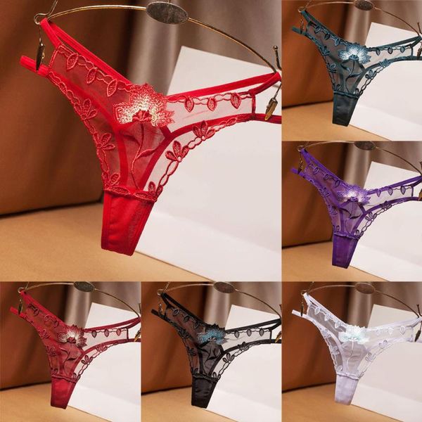 

women's panties lace floral thong ladies embroidered mesh yarn perspective young women girls underwear t pants g-string thongs, Black;pink